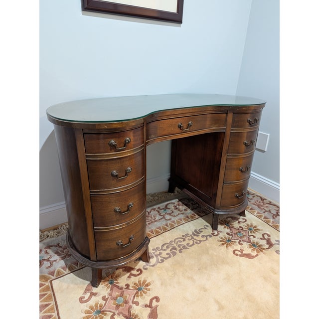 Vintage Kidney Shaped Double Pedestal Mahogany Desk For Sale - Image 4 of 18