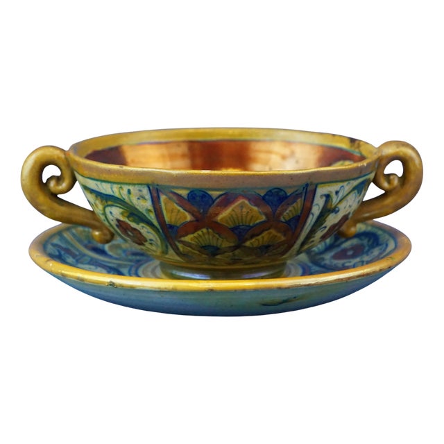 Antique Ceramic Soup Bowl with Saucer by Alfredo Santarelli, 1890s, Set of 2 For Sale