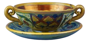 Antique Ceramic Soup Bowl with Saucer by Alfredo Santarelli, 1890s, Set of 2