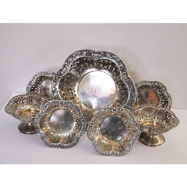 American Early 1900s Edwardian Sterling Silver Epergne Centerpiece Filigree Dishes Baskets- Set of 7 For Sale - Image 3 of 12