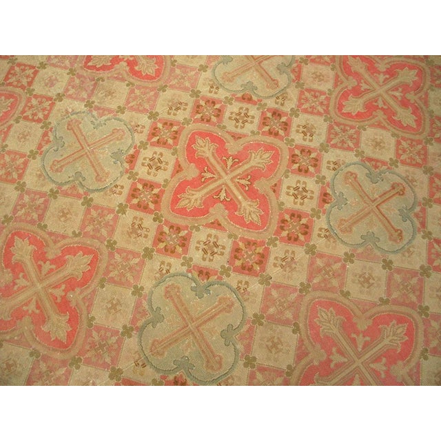 1870s Pink Cross Diamond Antique French Needlepoint Rug 14'4" X 18'8" Flatweave Wool Carpet For Sale - Image 4 of 6