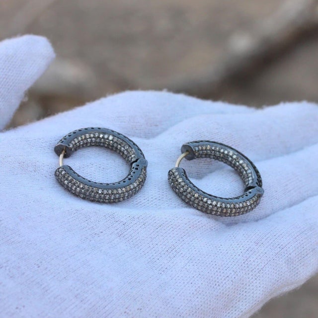 925 Sterling Silver Pave Diamond Hoop Earrings 14k Solid Gold Gift for Her, A Pair For Sale - Image 15 of 15