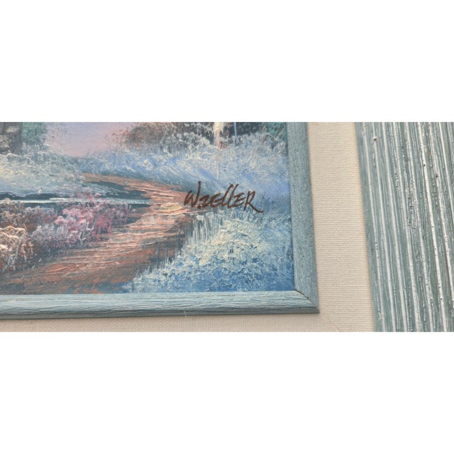 1970s W Zeller Original Oil Painting Winter Snow Scene Forest Cabin Framed Art For Sale - Image 5 of 11