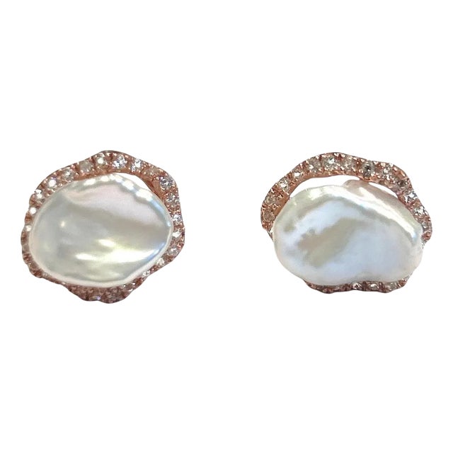 Bochic “Capri” Rose Cut White Topaz & Pearl Earrings Set In 18K Gold & Silver For Sale