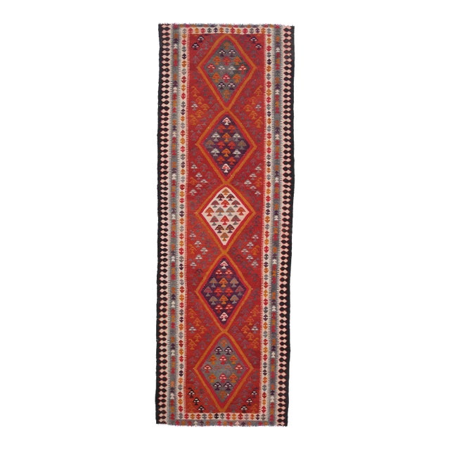 1970s Vintage Turkish Handmade Wool Cotton Red Runner Rug For Sale