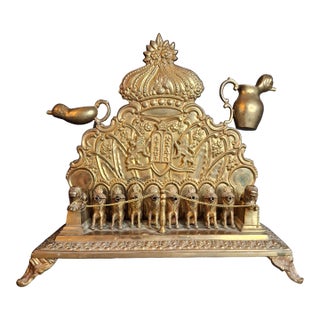 Antique European Brass Lion Menorah Rare 19th Century Hinged Oil Lamp Hanukkah Chanukiah Judaica For Sale