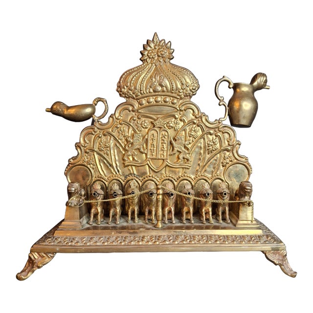 Antique European Brass Lion Menorah Rare 19th Century Hinged Oil Lamp Hanukkah Chanukiah Judaica For Sale
