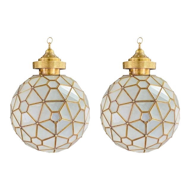Art Deco Style Globe Milk Glass & Brass Chandelier, Pendant or Lantern, a Pair For Sale