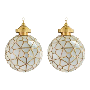 Art Deco Style Globe Milk Glass & Brass Chandelier, Pendant or Lantern, a Pair