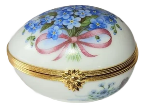 Late 20th Century Limoges France Floral Egg Hinged Trinket Box