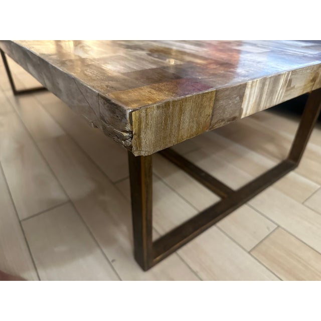 2010s Marina Home Vein-Cut Petrified Wood Coffee Table on Bronze-Tone Steel Base For Sale - Image 5 of 10