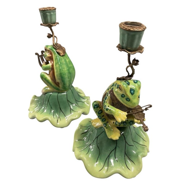 Pair of Vintage Whimsical Ceramic and Bronze Patinated Metal Musical Frog Candle Holders For Sale In West Palm - Image 6 of 12