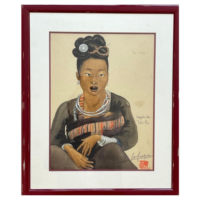 Léa Lafugie, Watercolor of a Child and a Woman Ta Moc, 1920s, Watercolor For Sale