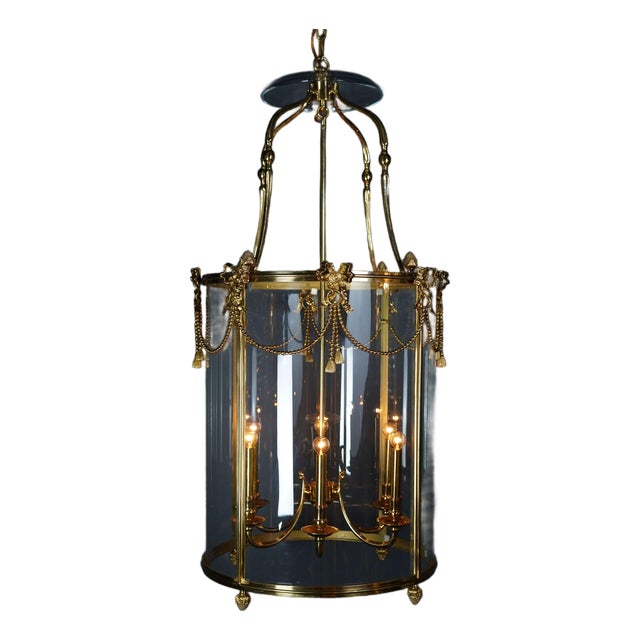 Custom Made Brass Lantern Chandelier Circular Glass Pendant Light 6 Light For Sale