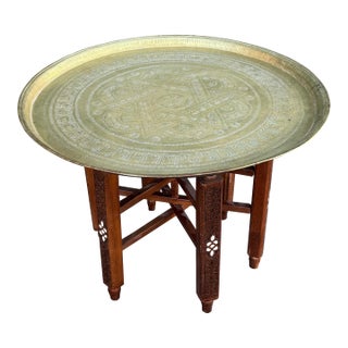 Antique Hand-Etched Brass Tray With Hand-Carved Walnut Wood Base and Mother-of-Pearl Inlay For Sale