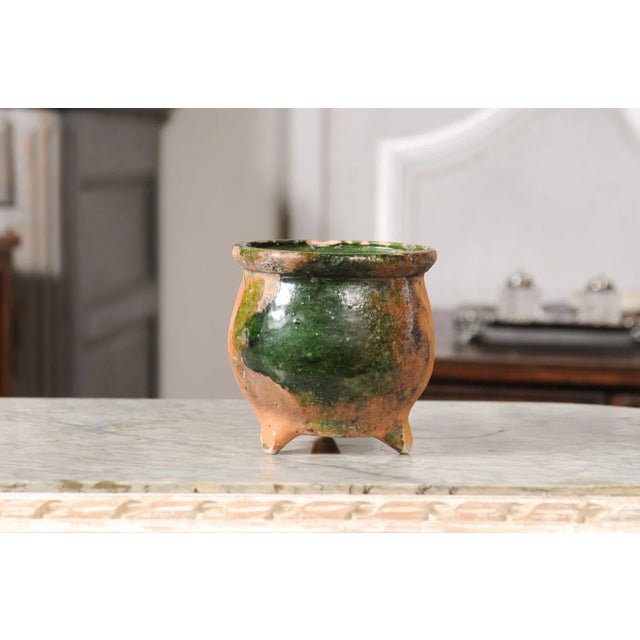 French Provincial French Provincial 19th Century Green Glazed Pottery with Tripod Base and Handle For Sale - Image 3 of 12