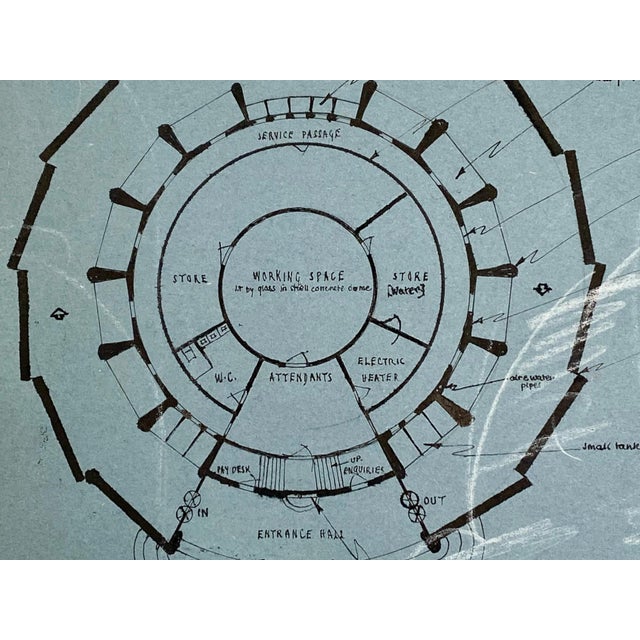 Janet Bentley, Round Pavilion / Aquarium Study Architectural Presentation Drawing, 1953, Mixed Media on Paper For Sale - Image 6 of 14