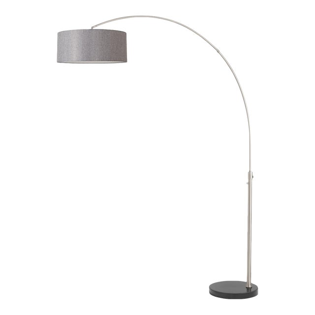 1960s Nova of California Float Floor Lamp - Mid Century Arc Lamp, Modern Satin Nickel, Black Marble Base, Cashmere Gray Shade For Sale