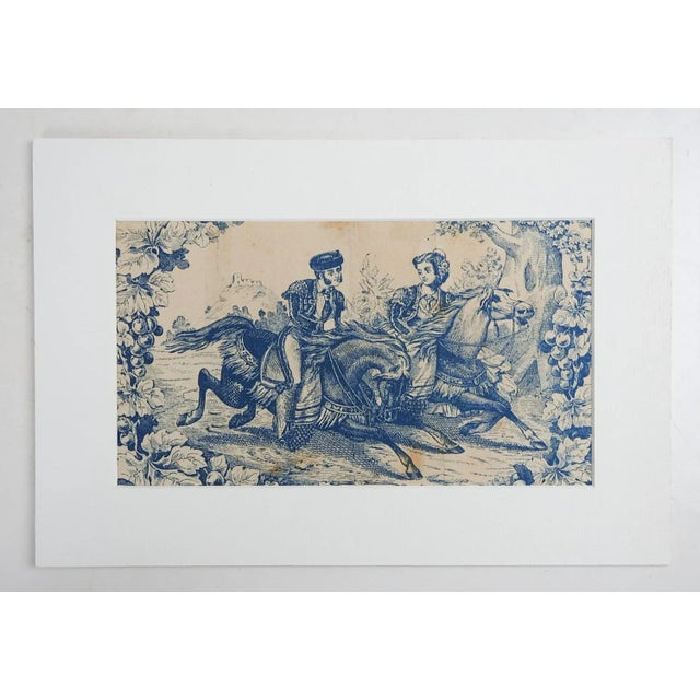 Antique late 19th century engraving on paper cigar box label. Man and woman in Spanish period costume on horseback, W.C....