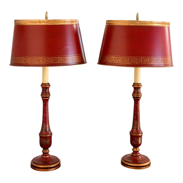 Elegant Red Chinoiserie Table Lamps With Red Tole Shades in the Style of John Rosselli, Pair For Sale