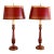 Elegant Red Chinoiserie Table Lamps With Red Tole Shades in the Style of John Rosselli, Pair For Sale