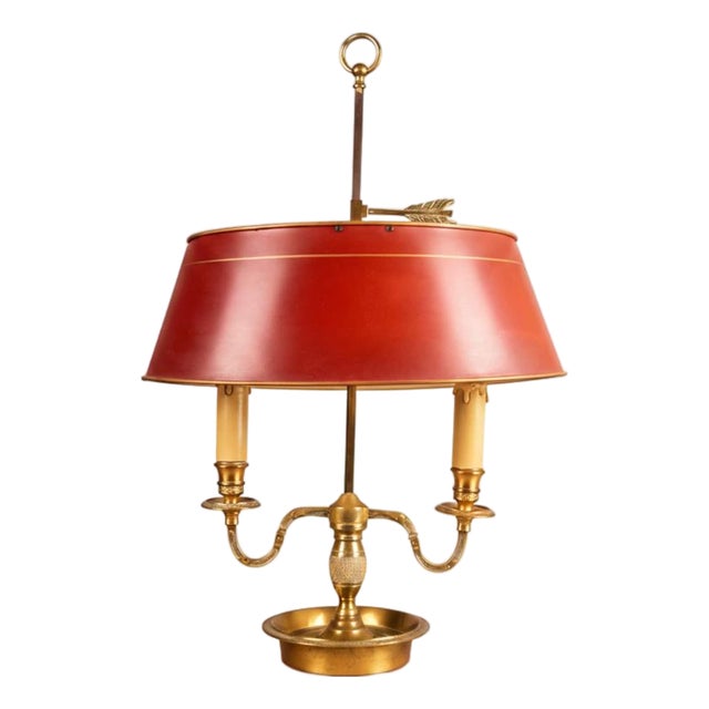 French Bouillotte Two-Light Table Lamp in Brass with Red Tôle Shade, 1930s For Sale