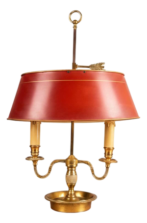 French Bouillotte Two-Light Table Lamp in Brass with Red Tôle Shade, 1930s