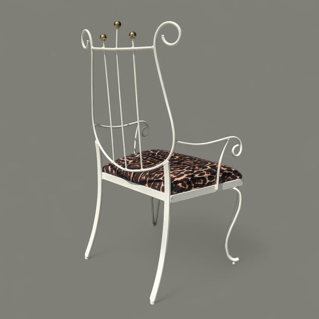 Antique White Vintage Neoclassical Metal Lyre Arm Chair With Leopard Seat Cushion For Sale - Image 8 of 12