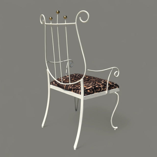 Antique White Vintage White Wrought Iron Lyre Arm Chair With Leopard Seat Cushion For Sale - Image 8 of 12