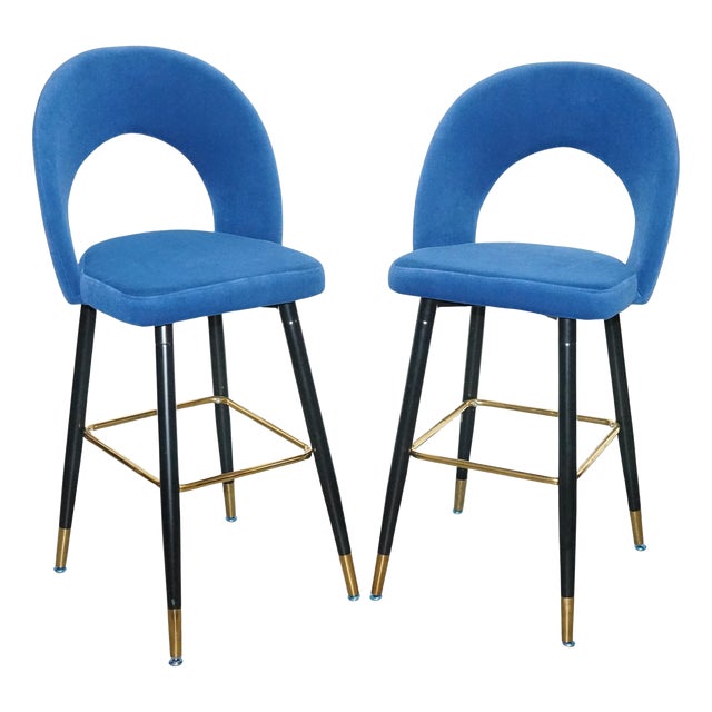 Blue Velvet Bar Chairs with Gold Detail on the Frame For Sale