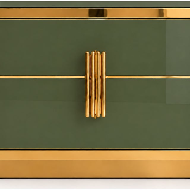 Not Yet Made - Made To Order Olive Green Glass Nightstand with Recessed Brass Plinths, Italy, Set of 2 For Sale - Image 5 of 11
