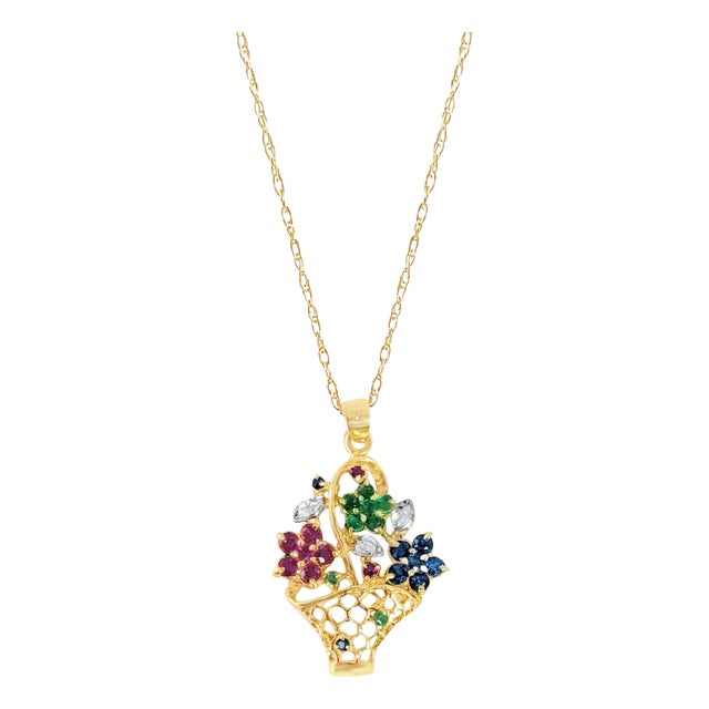 Flower Basked with Emerald, Sapphire & Ruby Flowers 1.00cttw 14k Yellow Gold 16" For Sale