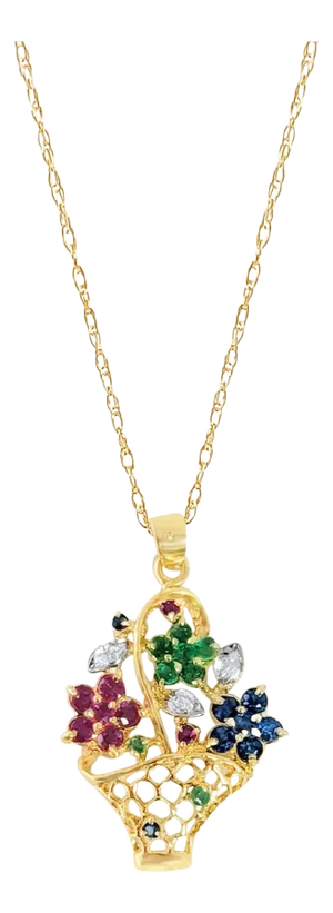 Flower Basked with Emerald, Sapphire & Ruby Flowers 1.00cttw 14k Yellow Gold 16"