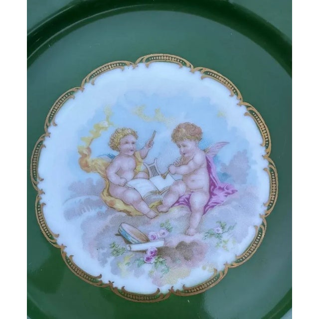 Vintage French Hand Painted Cherubs Gold Gilt Pedestal Green Porcelain Cake Plate Stand For Sale - Image 4 of 12