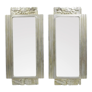 Vintage Italian Modern Figural Relief Carved Silver Leaf Wall Mirrors - a Pair