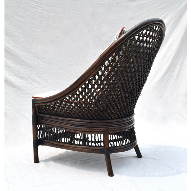 Wood Vintage Rattan Curved Back Chair Attributed to Palecek, Blue & White, 1990s For Sale - Image 7 of 13