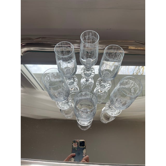 1950s 1950s Set of 6 Vintage Etched Crystal Champagne Glasses For Sale - Image 5 of 5