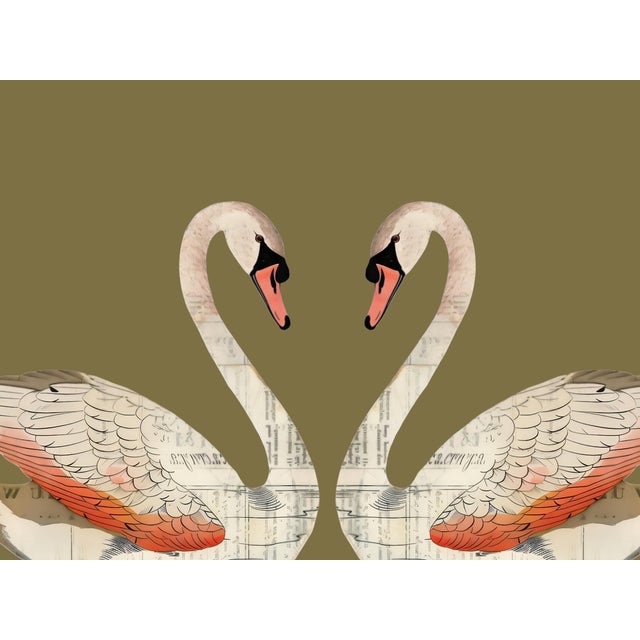 Summer Love Swans Art Print 24 x 30 in natural wood frame with neutral gray-brown-green background. Perfect for any room....