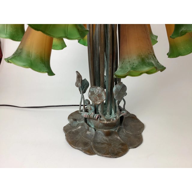 Vintage Tiffany Style Bronze Lily Flowers 18 Shade Georges Table Lamp For Sale - Image 4 of 7