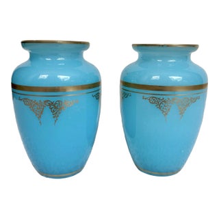 Pair of Baccarat Blue Opaline Agate Bud Vases With Gold Gilt For Sale