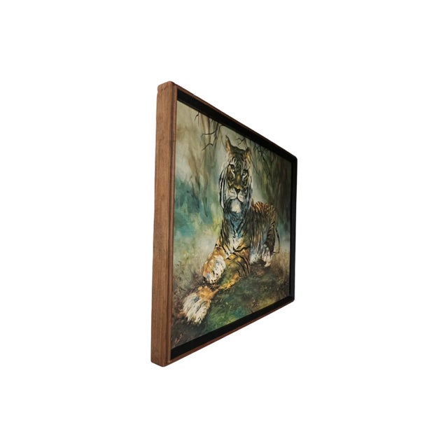 Textile Vintage Mid Century Modern 1960s Tiger Oil Painting Framed Cat John De Kay Signed Canvas For Sale - Image 7 of 10