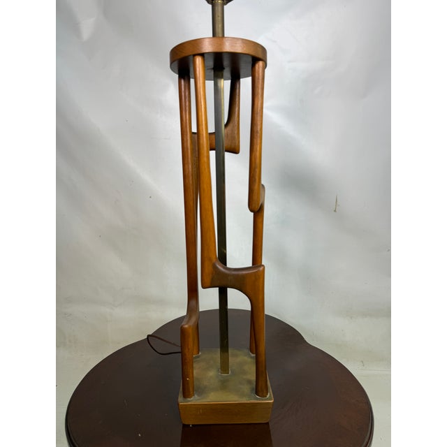 Mid Century Danish Modern Tall Teak and Brass Sculptural Table Lamp For Sale - Image 9 of 10