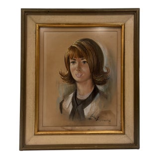 Vintage 1966 Mid Century Modern Pastel Portrait of Woman Signed Charles Allenbrook Framed For Sale