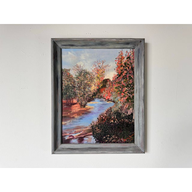 Rustic 1962 Verna C. Rambo " October in Georgia " Fall River Landscape Oil Painting, Framed For Sale - Image 3 of 12