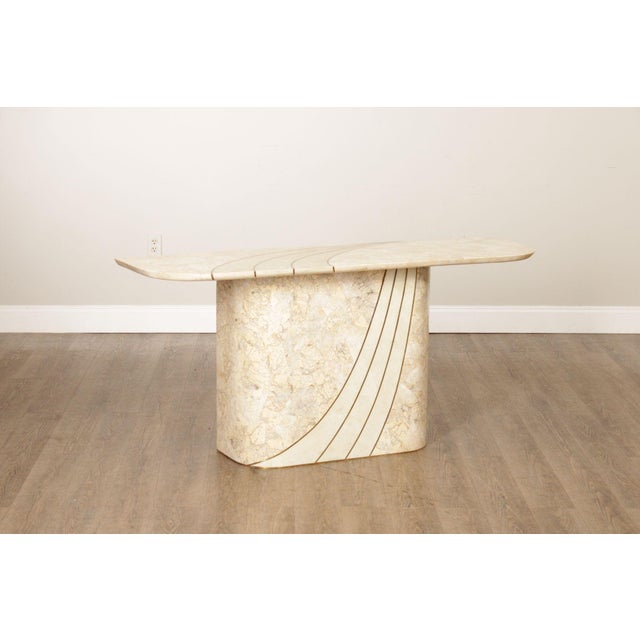 High Quality Vintage Tessellated Marble Veneer Credenza or Console Table with Inlaid Brass Accents