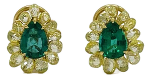 Emerald Pear Shape & Yellow Diamond Briolette Earrings in 18k Yellow Gold, A Pair