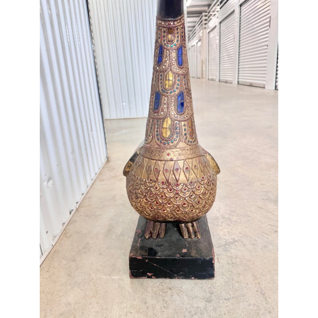 Mid 20th Century Vintage Indonesian Balinese Folk Art Painted Wood Temple Swan Statue For Sale - Image 5 of 12