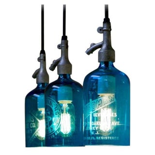 Seltzer Bottle Pendant Light, Clear or Blue Glass For Sale