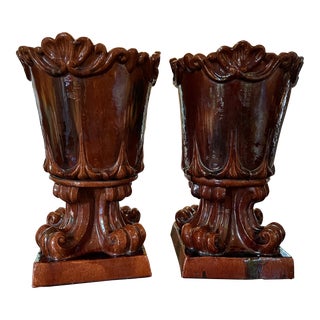 Pair of French Glazed Terracotta Urns Circa Late 19th – Early 20th For Sale