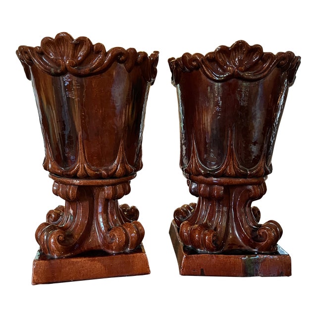 Pair of French Glazed Terracotta Urns Circa Late 19th – Early 20th For Sale